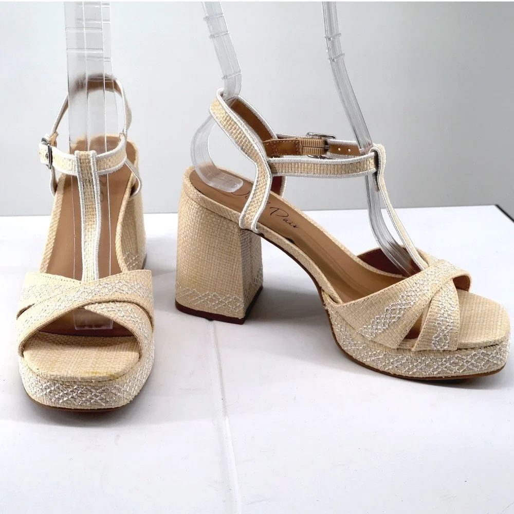 Wild Pair Harperr‎ White Linen Platform Block Heel Sandals T Strap NIB 9.5